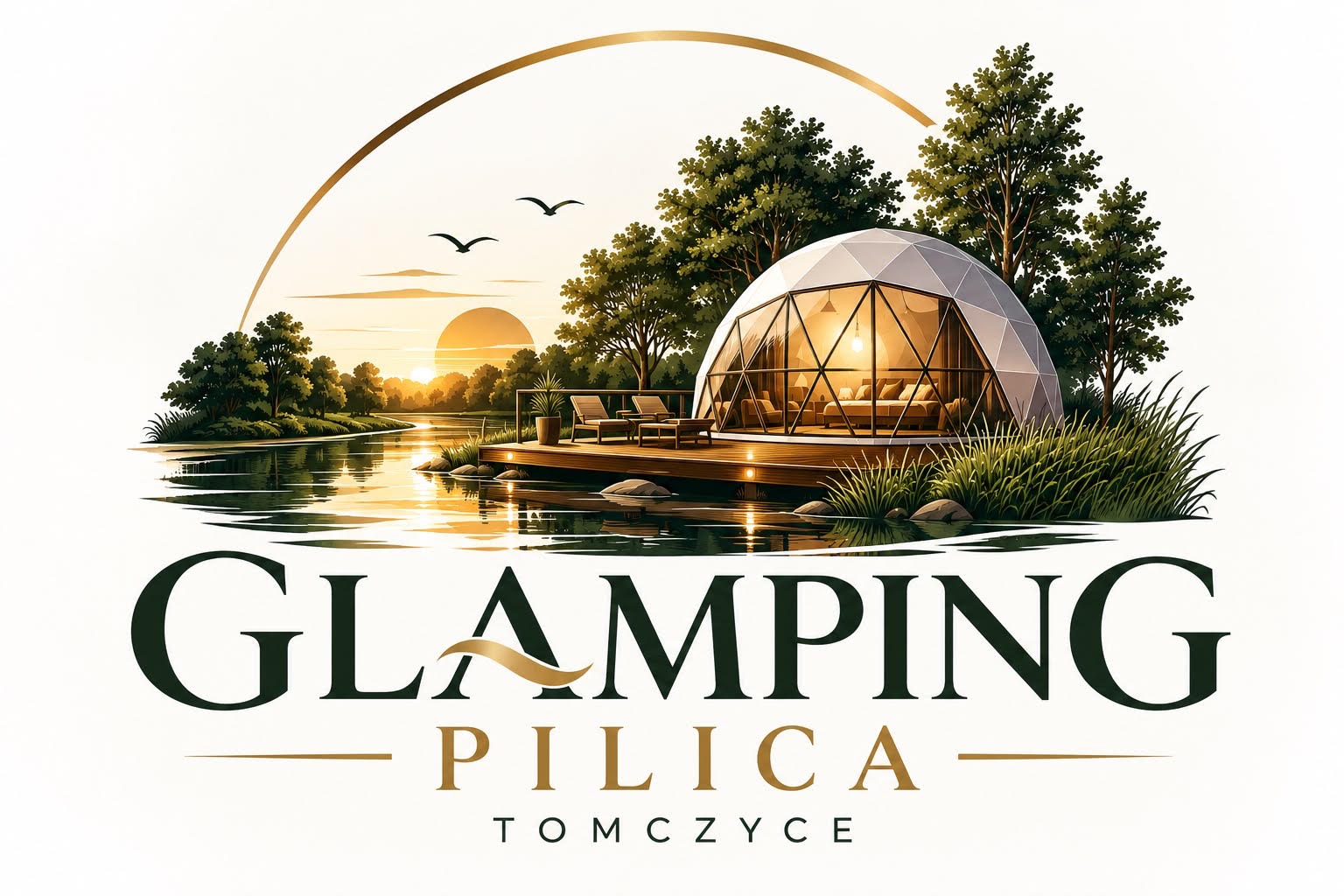 Logo Glamping Pilica Tomczyce z kopułą glampingową pośród drzew nad wodą o zachodzie słońca